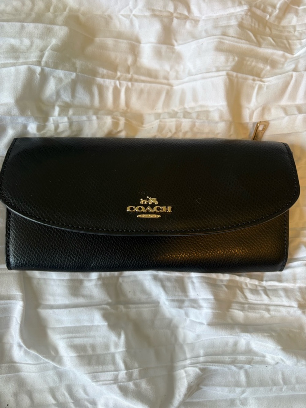 Coach Black Leather Long Zip Wallet with Gold Hardware